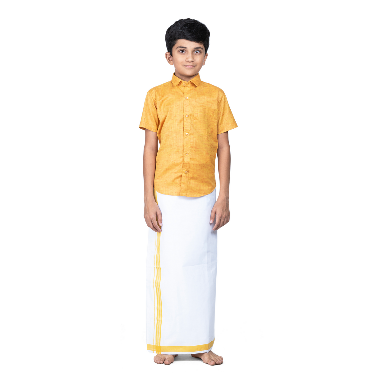 This Mustard short-sleeve shirt with a chest pocket paired with white velcro dhothi featuring Mustard line borders.
