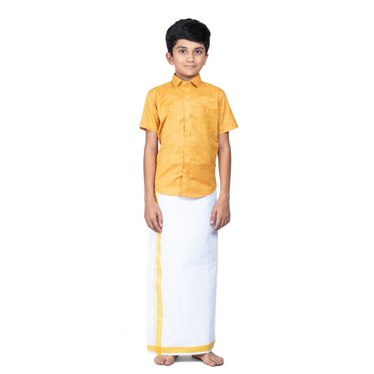 This Mustard short-sleeve shirt with a chest pocket paired with white velcro dhothi featuring Mustard line borders.