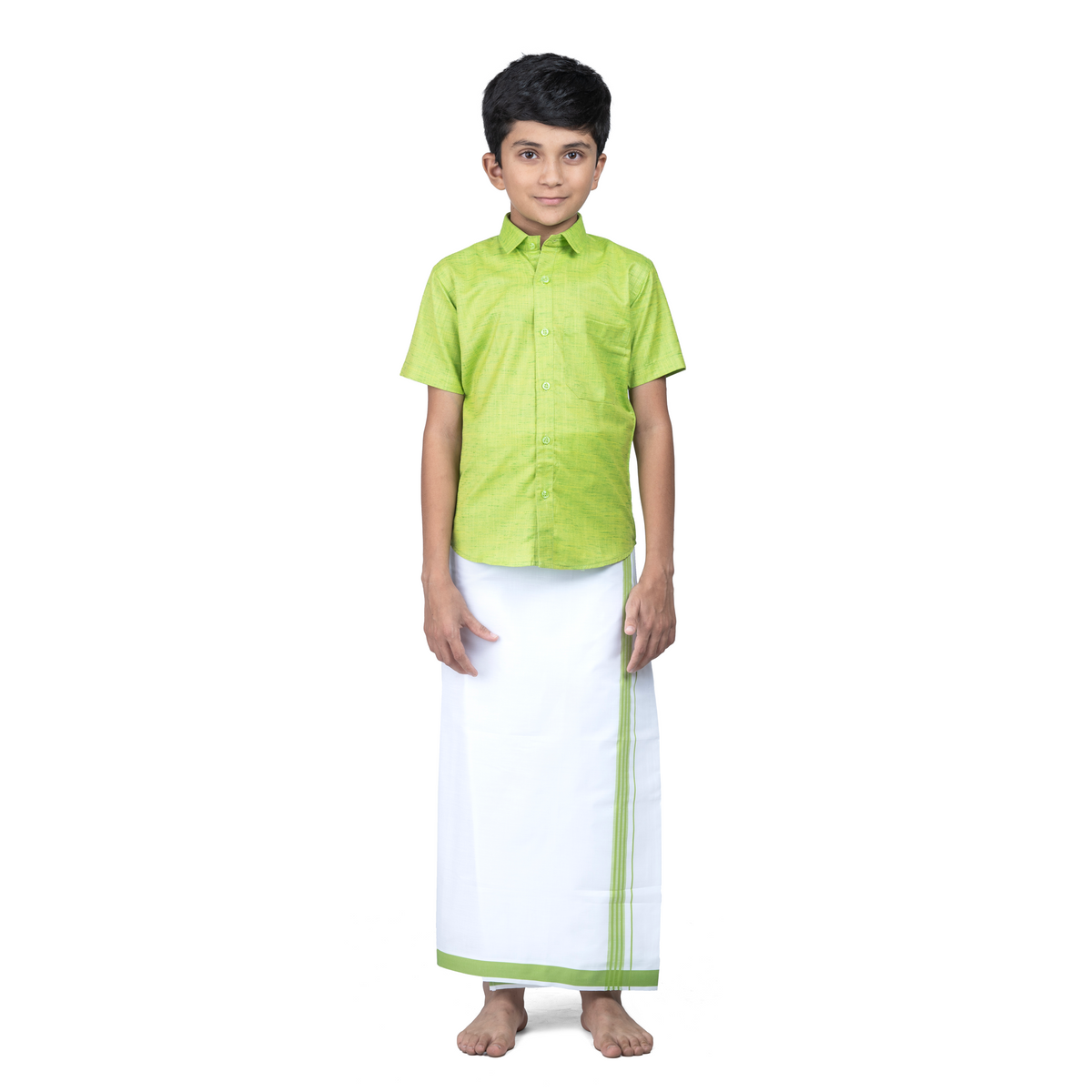 This Green short-sleeve shirt with a chest pocket paired with white velcro dhoti featuring Green line borders.