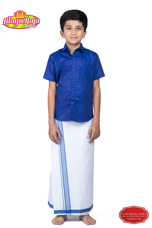 This Blue short-sleeve shirt with a chest pocket paired with white velcro dhothi featuring Blue line borders.