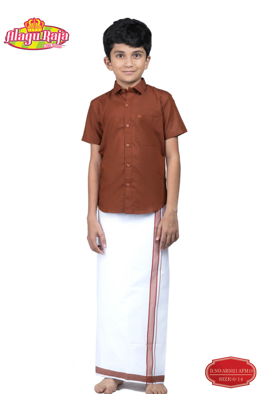 This Brown short-sleeve shirt with a chest pocket paired with white velcro dhothi featuring Brown line borders.