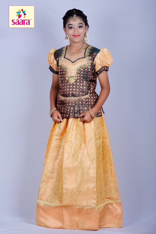 Dark Green & Gold Pattu Pavadai for Girls | Kids Ethnic Wear