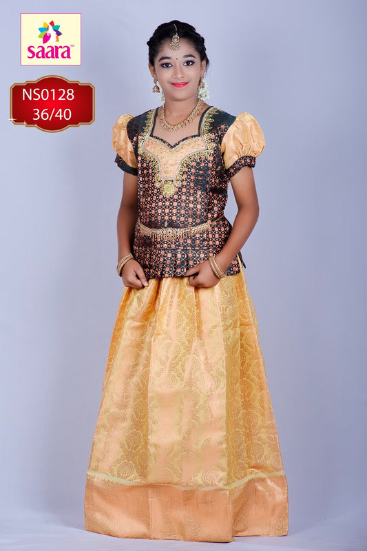 This PattuPavadai features Bottle Green Top  with Applique and Zari and Stone detailings paired with a radiant golden yellow handloom pattu skirt.