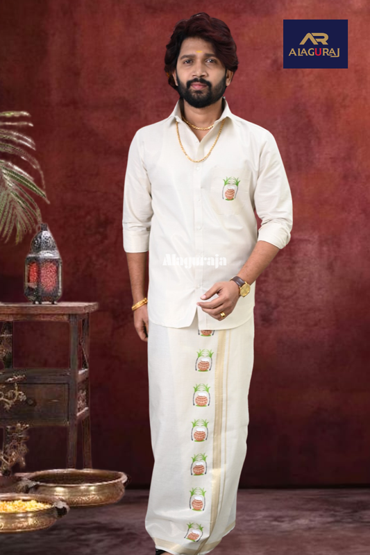Golden colour Men"s pongal printed dhothi shirt