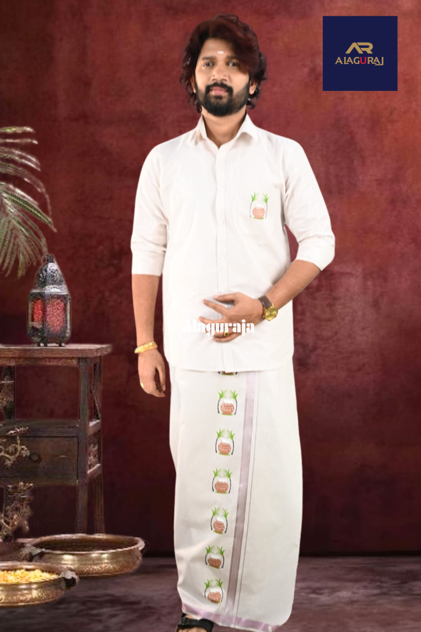 Pink Men's Dhothi shirt with pongal print