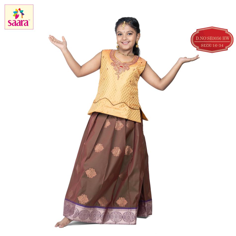 Yellow With Maroon Aari work embroidery Pattu Pavadai  For 1-10 yr old Girls